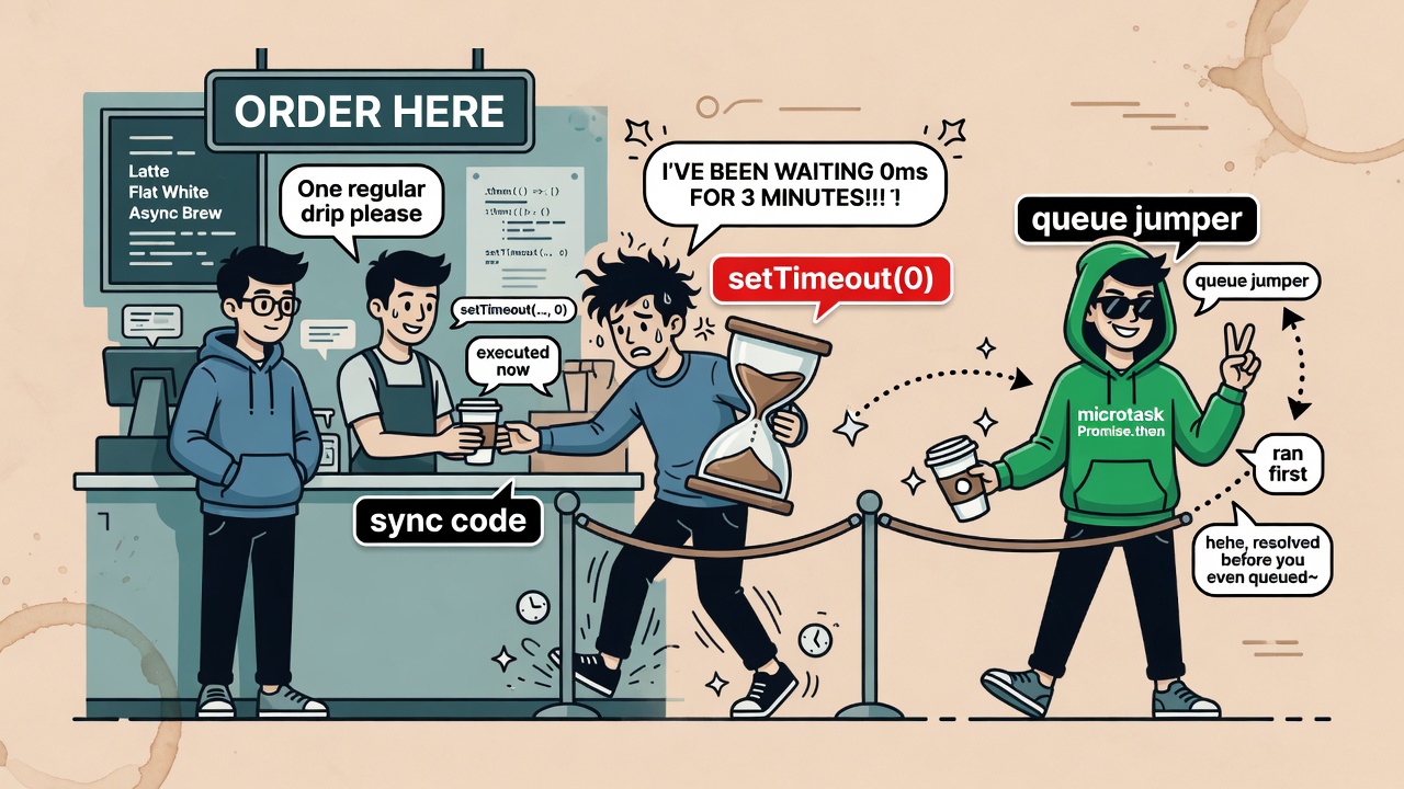 Comic: coffee line with sync code, setTimeout waiting, and a Promise microtask cutting ahead